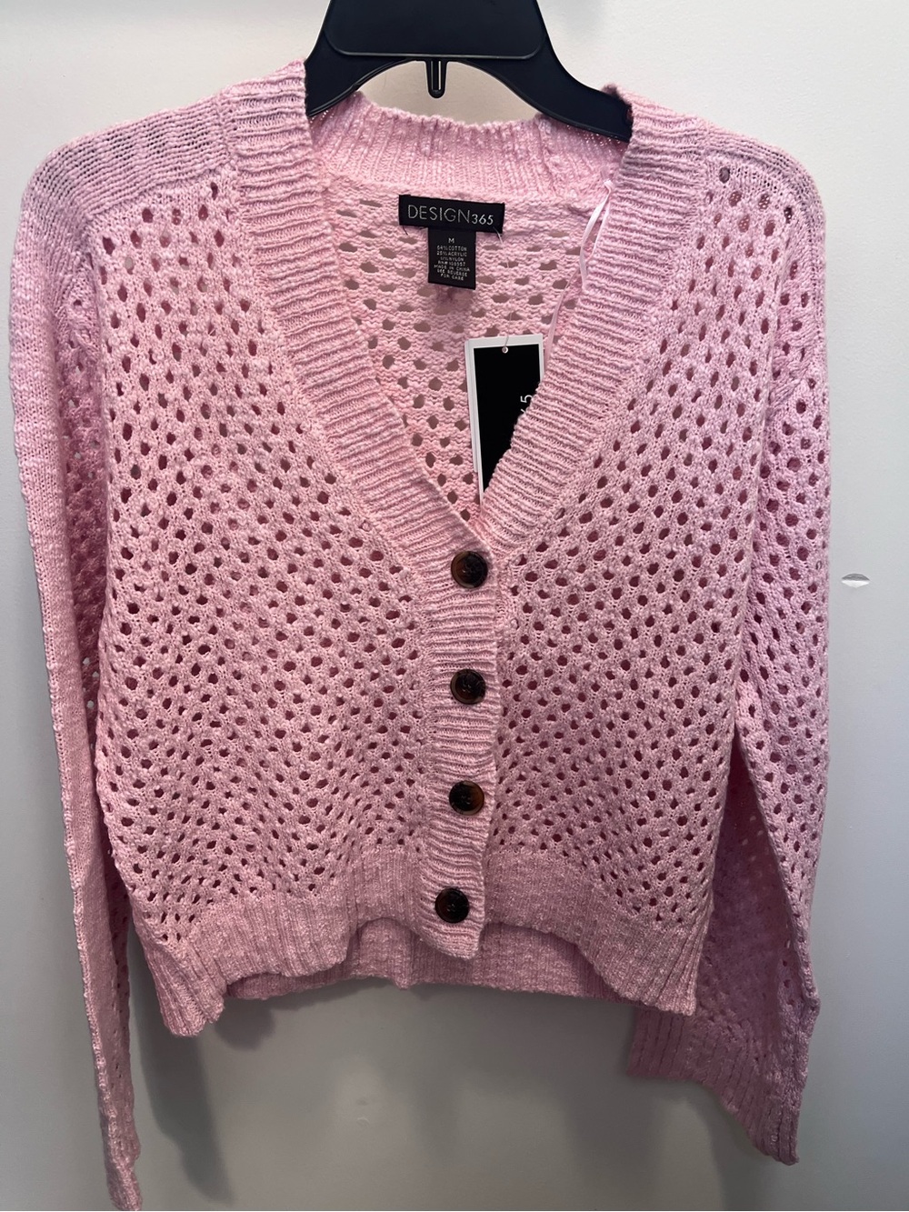 Design365 Pink Open-Knit V-Neck Button Cardigan